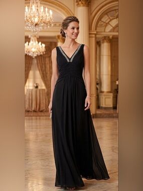 NWT Marina Black Ruched Embellished V-Neck Evening Gown Maxi Size 4